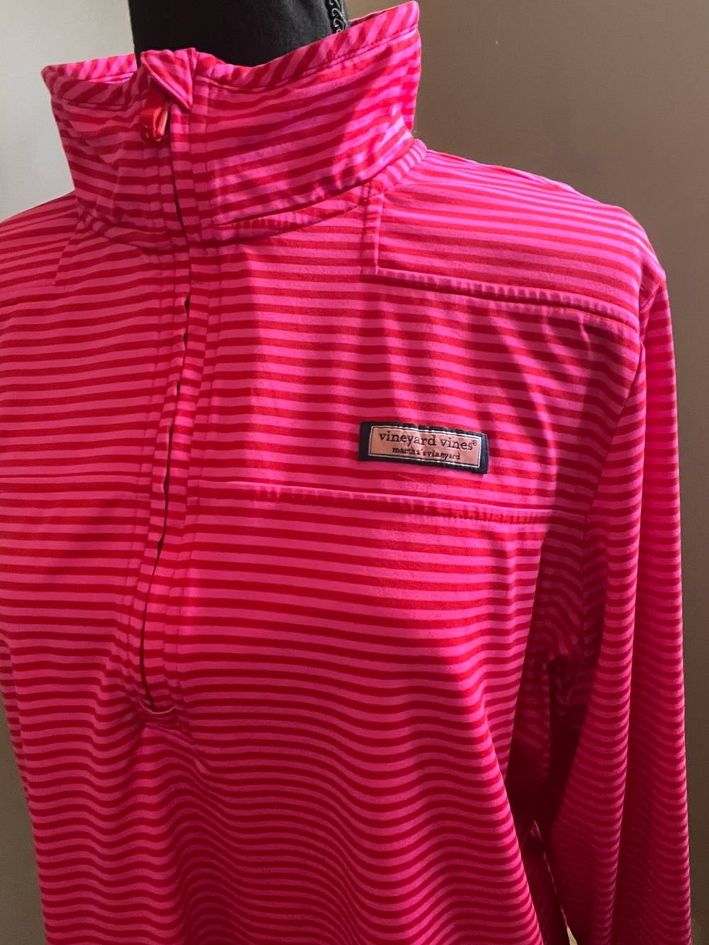 Vineyard Vines Women's Shep Shirt quarter zip, pink and red stripe, XXL